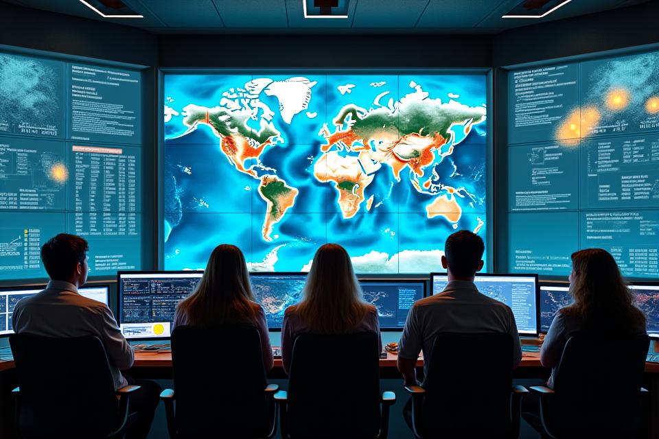Team of meteorologists analyzing data on multiple screens, showing vast ocean weather patterns, high-tech control room environment, symbolizing precision and innovation.